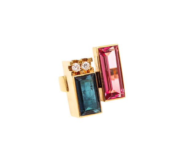 Austria 1970 Modernist Geometric Ring In 14Kt Gold With Pink & Blue Tourmalines