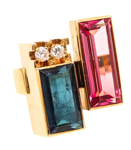 Austria 1970 Modernist Geometric Ring In 14Kt Gold With Pink & Blue Tourmalines