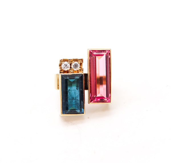 Austria 1970 Modernist Geometric Ring In 14Kt Gold With Pink & Blue Tourmalines