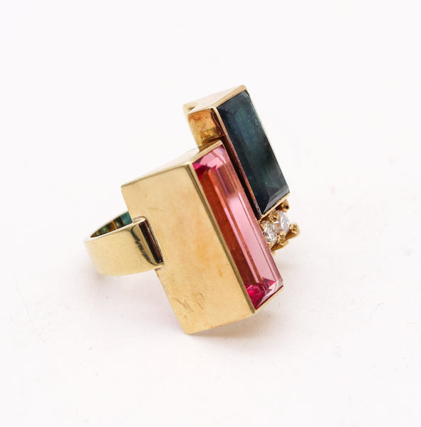 Austria 1970 Modernist Geometric Ring In 14Kt Gold With Pink & Blue Tourmalines