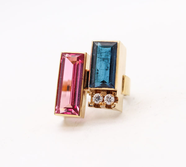 Austria 1970 Modernist Geometric Ring In 14Kt Gold With Pink & Blue Tourmalines