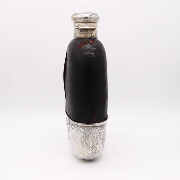 GORHAM 1900 Large Liquor Flask In Clear Glass, Hammered .925 Sterling & Leather