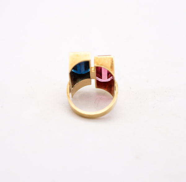 Austria 1970 Modernist Geometric Ring In 14Kt Gold With Pink & Blue Tourmalines