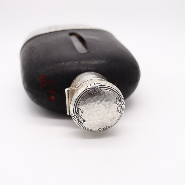 GORHAM 1900 Large Liquor Flask In Clear Glass, Hammered .925 Sterling & Leather