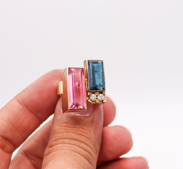 Austria 1970 Modernist Geometric Ring In 14Kt Gold With Pink & Blue Tourmalines