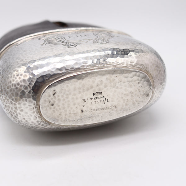 GORHAM 1900 Large Liquor Flask In Clear Glass, Hammered .925 Sterling & Leather