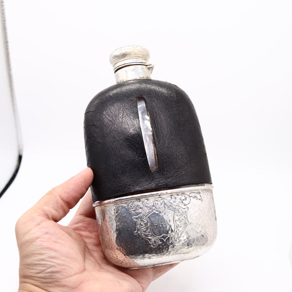 GORHAM 1900 Large Liquor Flask In Clear Glass, Hammered .925 Sterling & Leather