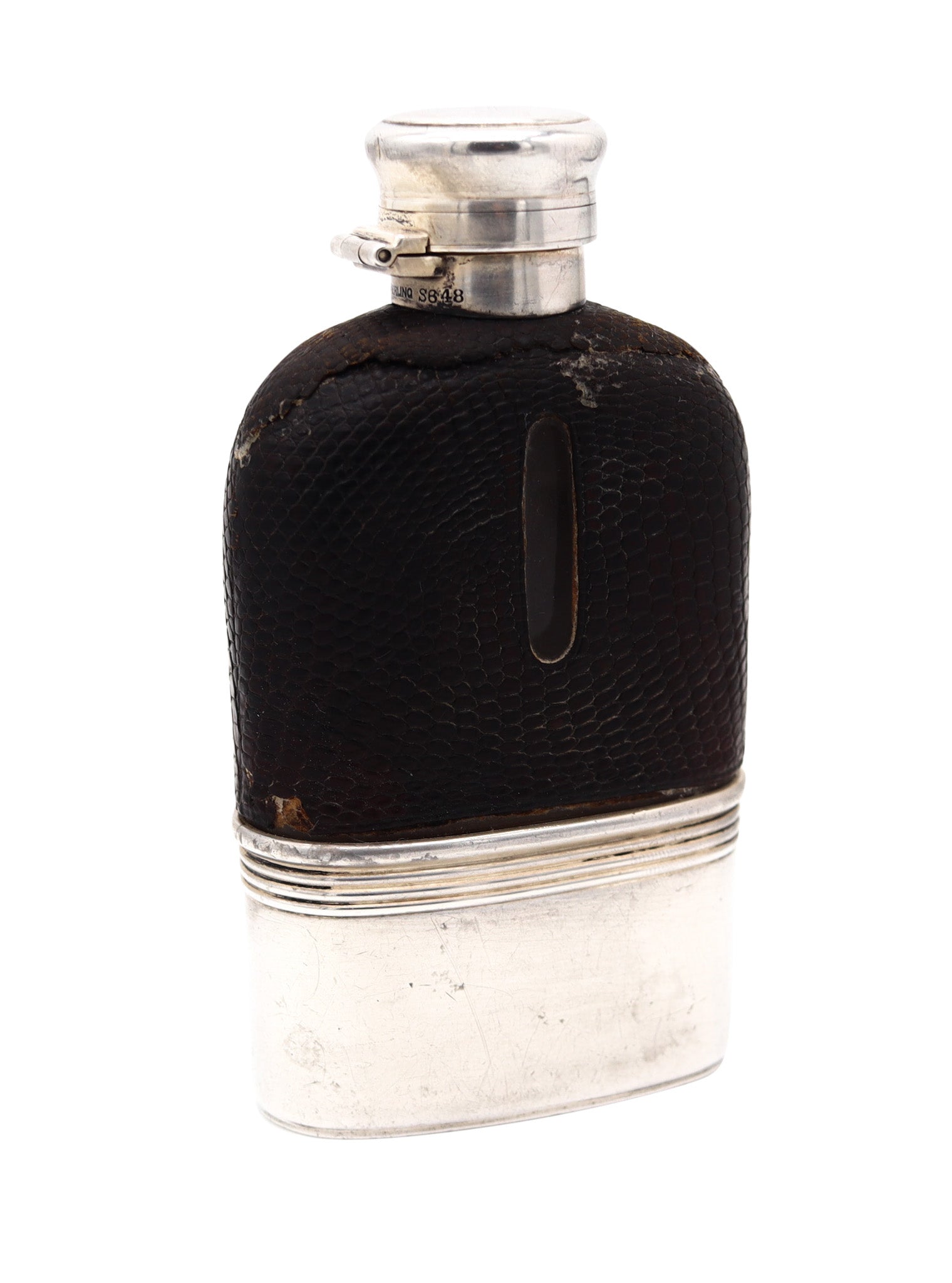 J.E. CALDWELL 1910 Small Liquor Flask In Clear Glass,  .925 Sterling And Leather