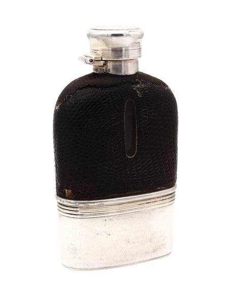 J.E. CALDWELL 1910 Small Liquor Flask In Clear Glass,  .925 Sterling And Leather