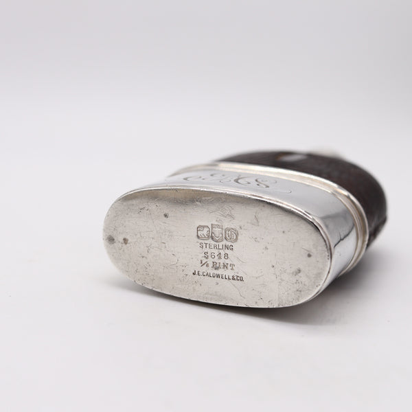 J.E. CALDWELL 1910 Small Liquor Flask In Clear Glass,  .925 Sterling And Leather