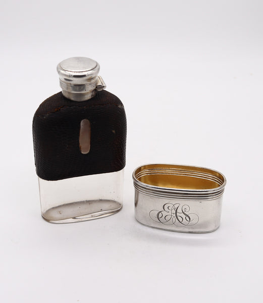 J.E. CALDWELL 1910 Small Liquor Flask In Clear Glass,  .925 Sterling And Leather