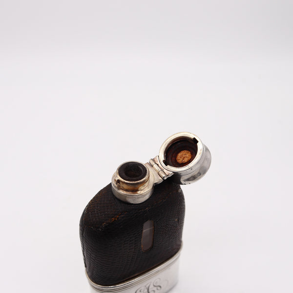 J.E. CALDWELL 1910 Small Liquor Flask In Clear Glass,  .925 Sterling And Leather