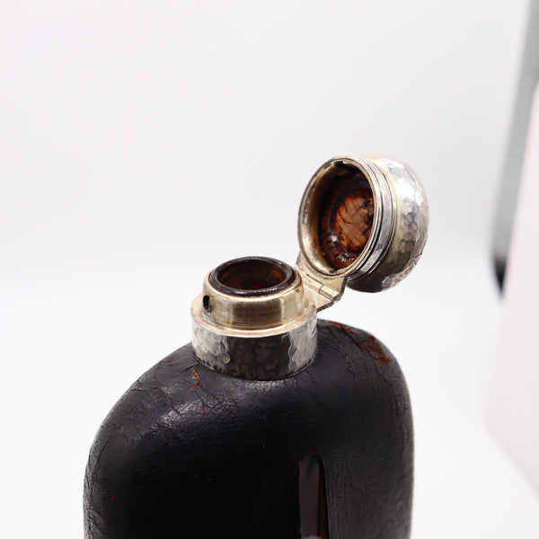 J.E. CALDWELL 1910 Small Liquor Flask In Clear Glass,  .925 Sterling And Leather