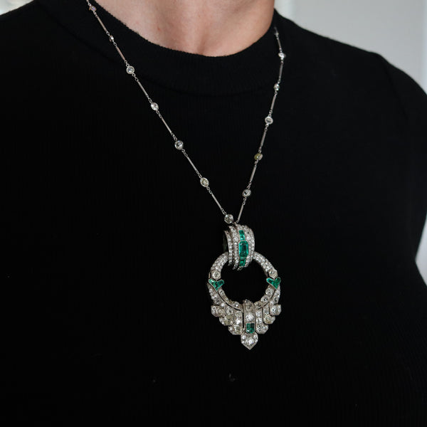 OSTERTAG Paris 1930 Art Deco Pendant Brooch Platinum 20.24 Ctw Diamonds & Emeralds