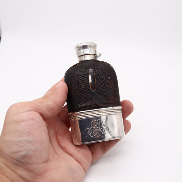 J.E. CALDWELL 1910 Small Liquor Flask In Clear Glass,  .925 Sterling And Leather