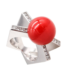-Italy Cocktail Ring In Solid 18Kt Gold With 10.62 Ctw In Diamonds And Red Coral