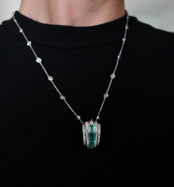 OSTERTAG Paris 1930 Art Deco Pendant Brooch Platinum 20.24 Ctw Diamonds & Emeralds
