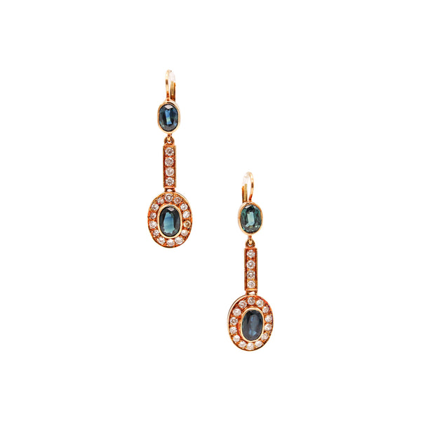 AUSTRIAN 1930 Art Deco Dangle Earrings 14Kt Gold With 5.66 Ctw Diamonds & Sapphires
