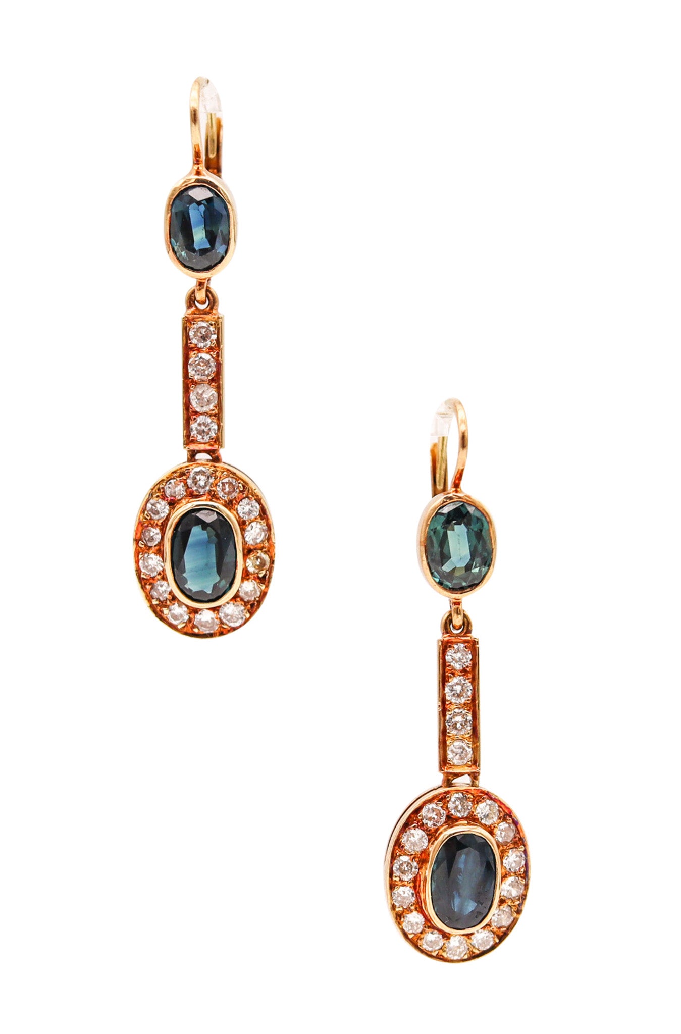 AUSTRIAN 1930 Art Deco Dangle Earrings 14Kt Gold With 5.66 Ctw Diamonds & Sapphires