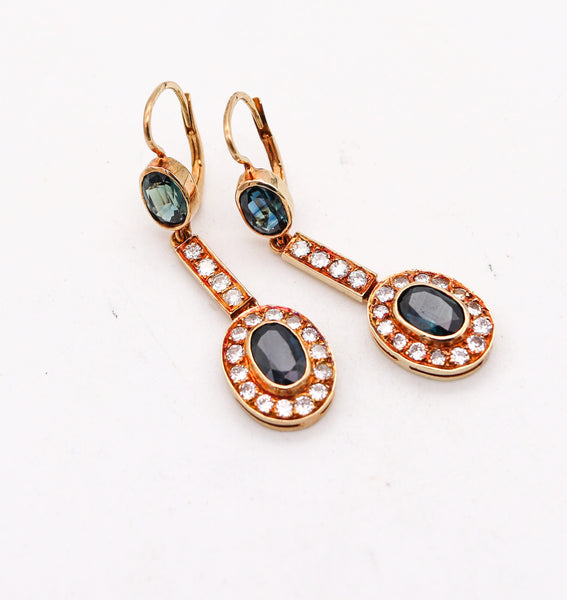 AUSTRIAN 1930 Art Deco Dangle Earrings 14Kt Gold With 5.66 Ctw Diamonds & Sapphires
