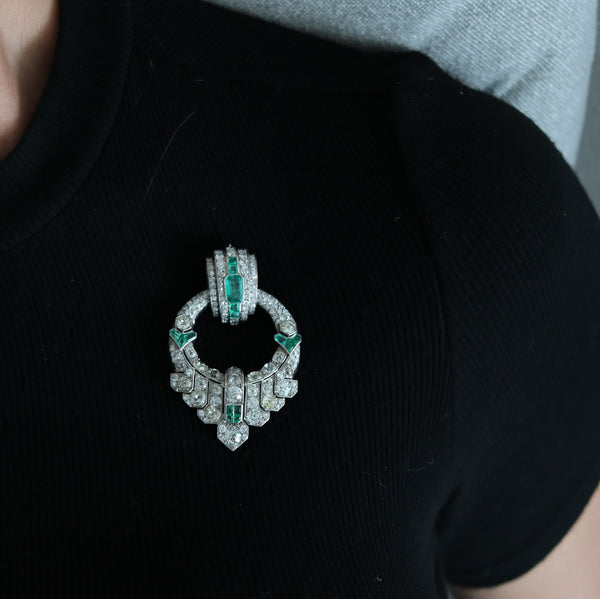 OSTERTAG Paris 1930 Art Deco Pendant Brooch Platinum 20.24 Ctw Diamonds & Emeralds