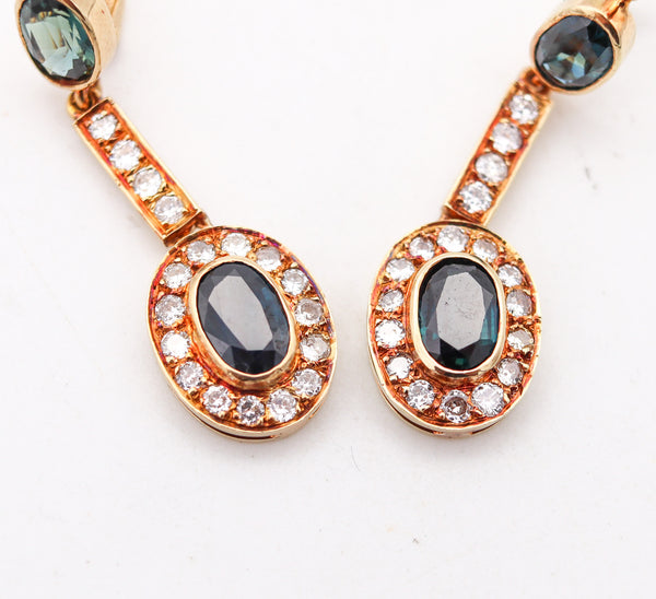 AUSTRIAN 1930 Art Deco Dangle Earrings 14Kt Gold With 5.66 Ctw Diamonds & Sapphires