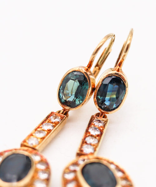 AUSTRIAN 1930 Art Deco Dangle Earrings 14Kt Gold With 5.66 Ctw Diamonds & Sapphires