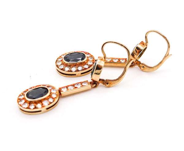 AUSTRIAN 1930 Art Deco Dangle Earrings 14Kt Gold With 5.66 Ctw Diamonds & Sapphires