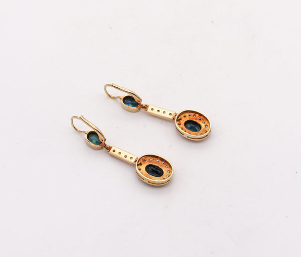 AUSTRIAN 1930 Art Deco Dangle Earrings 14Kt Gold With 5.66 Ctw Diamonds & Sapphires