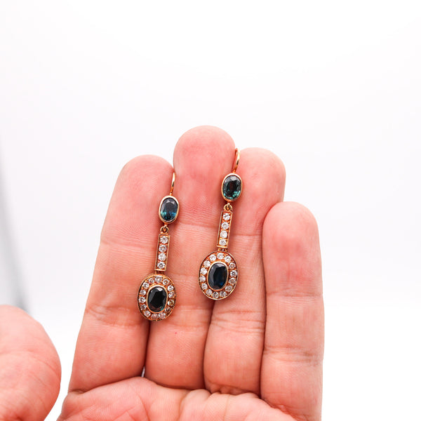AUSTRIAN 1930 Art Deco Dangle Earrings 14Kt Gold With 5.66 Ctw Diamonds & Sapphires