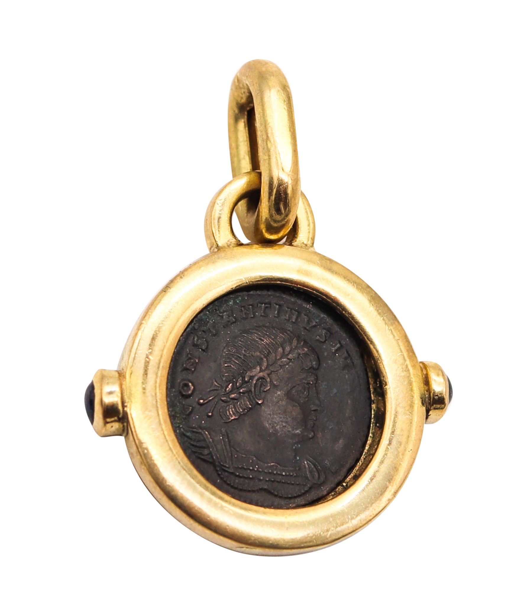 ROMAN EMPIRE 300 AD Emperor Constantine Coin Pendant In 18Kt Gold And Sapphires