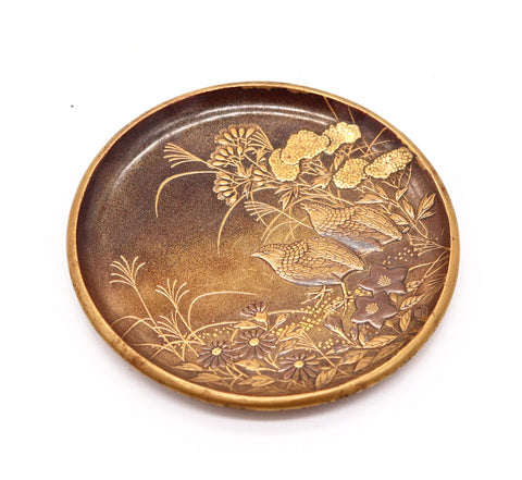 JAPAN Meiji Period 1880 Namiki Little Cabined Round Tray In Wood, Gold & Silver
