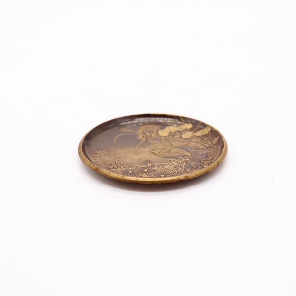 JAPAN Meiji Period 1880 Namiki Little Cabined Round Tray In Wood, Gold & Silver