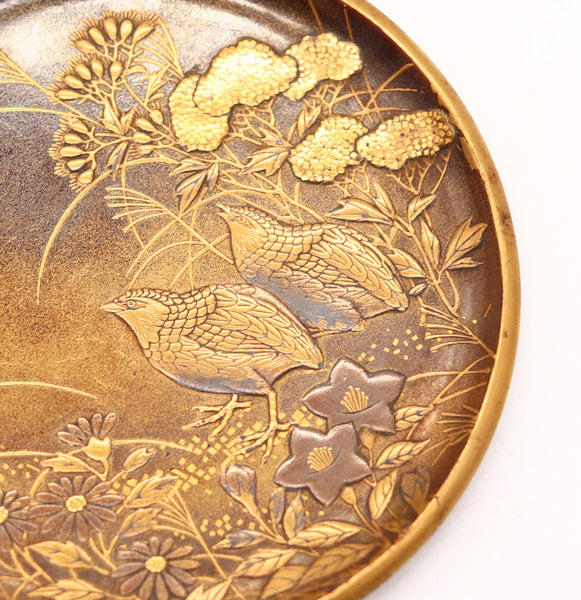 JAPAN Meiji Period 1880 Namiki Little Cabined Round Tray In Wood, Gold & Silver