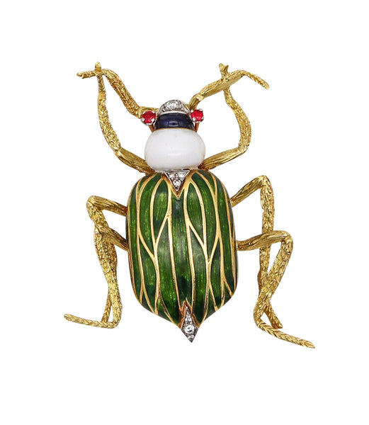 SPRITZER & FUHRMANN 1960 France Enameled Scarab Brooch In 18Kt Yellow Gold