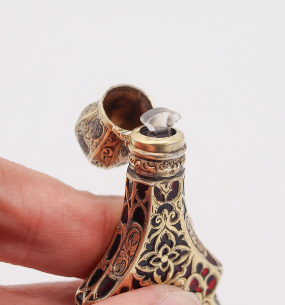 GERMAN 1800 Fabulous Perfume Bottle In Red Glass Mount In Gilt .850 Sterling