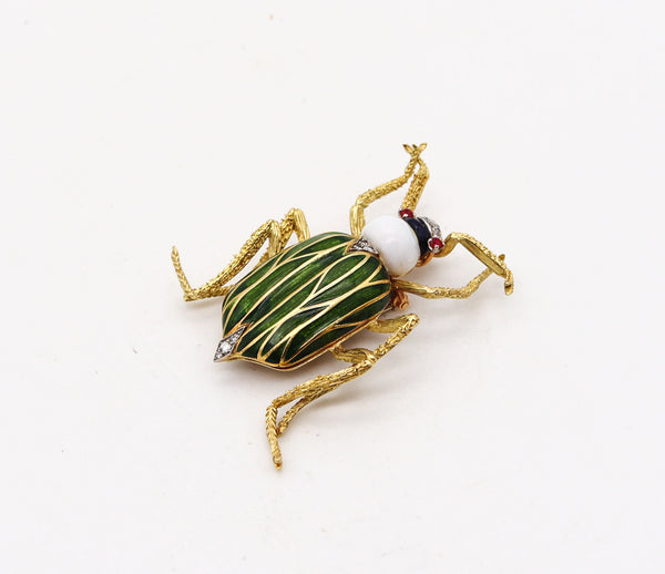 SPRITZER & FUHRMANN 1960 France Enameled Scarab Brooch In 18Kt Yellow Gold