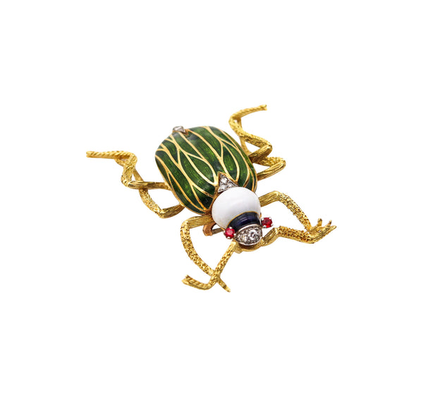 SPRITZER & FUHRMANN 1960 France Enameled Scarab Brooch In 18Kt Yellow Gold