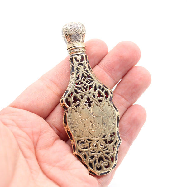 GERMAN 1800 Fabulous Perfume Bottle In Red Glass Mount In Gilt .850 Sterling