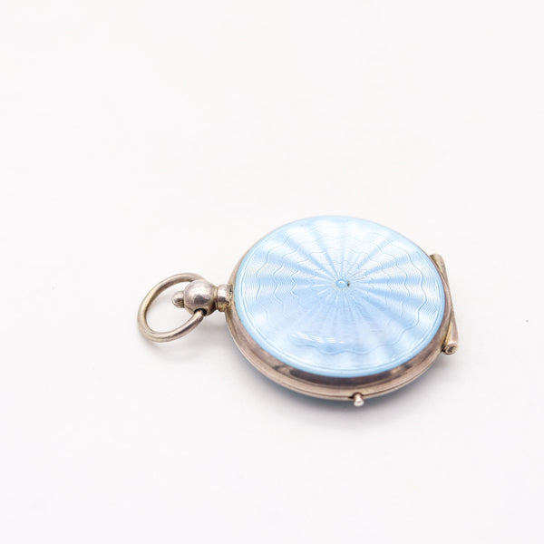 EDWARDIAN 1900 Pforzheim Guilloché Enamel Pendant Mirror-Box In .925 Sterling