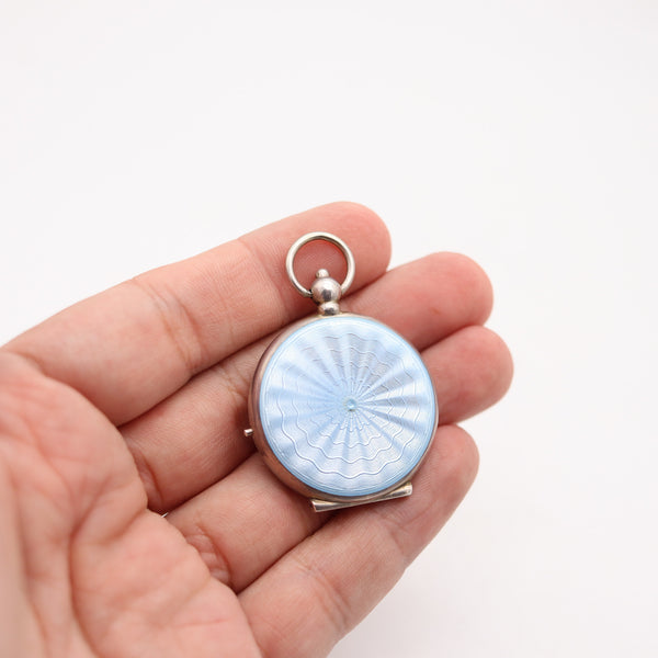 EDWARDIAN 1900 Pforzheim Guilloché Enamel Pendant Mirror-Box In .925 Sterling