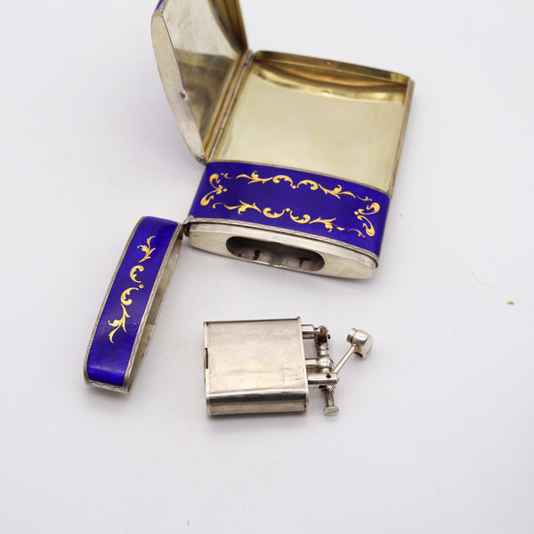 GERMAN 1920 Enameled Compendium Cigarette Case & Lighter In Sterling Silver