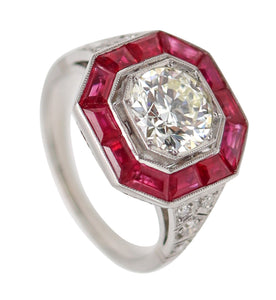 ART DECO 1925 Octagonal Ring In Platinum With 3.72 Ctw In Diamonds & Rubies