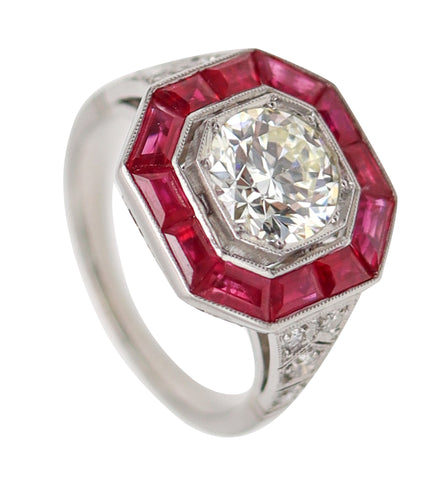 ART DECO 1925 Octagonal Ring In Platinum With 3.72 Ctw In Diamonds & Rubies