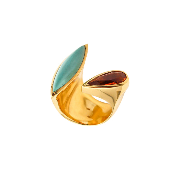 -Italian Modernist Bypass Ring In 18Kt Yellow Gold 8.14 Ctw Turquoise And Citrine