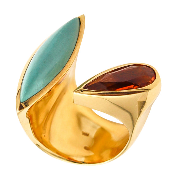 -Italian Modernist Bypass Ring In 18Kt Yellow Gold 8.14 Ctw Turquoise And Citrine