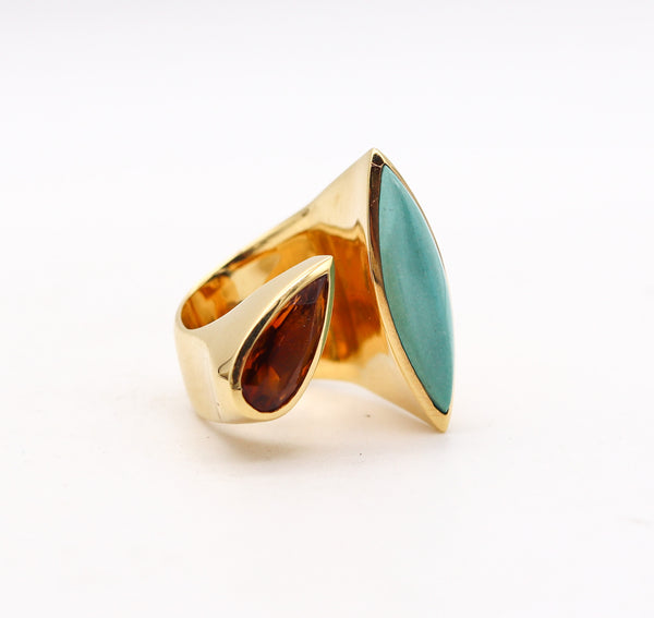 -Italian Modernist Bypass Ring In 18Kt Yellow Gold 8.14 Ctw Turquoise And Citrine