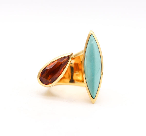 -Italian Modernist Bypass Ring In 18Kt Yellow Gold 8.14 Ctw Turquoise And Citrine