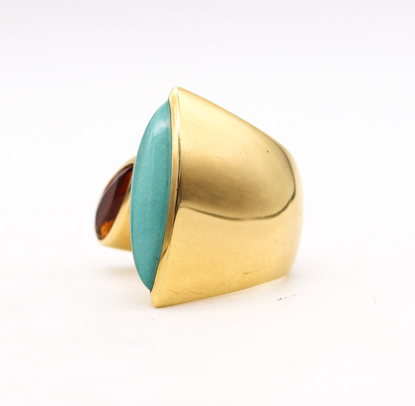 -Italian Modernist Bypass Ring In 18Kt Yellow Gold 8.14 Ctw Turquoise And Citrine