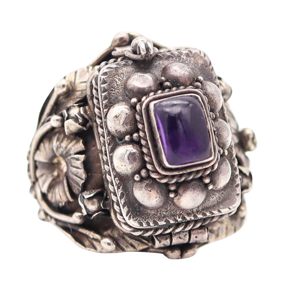 ART-DECO 1930 Poison Hidden-Box Ring In .925 Sterling Silver With Amethyst